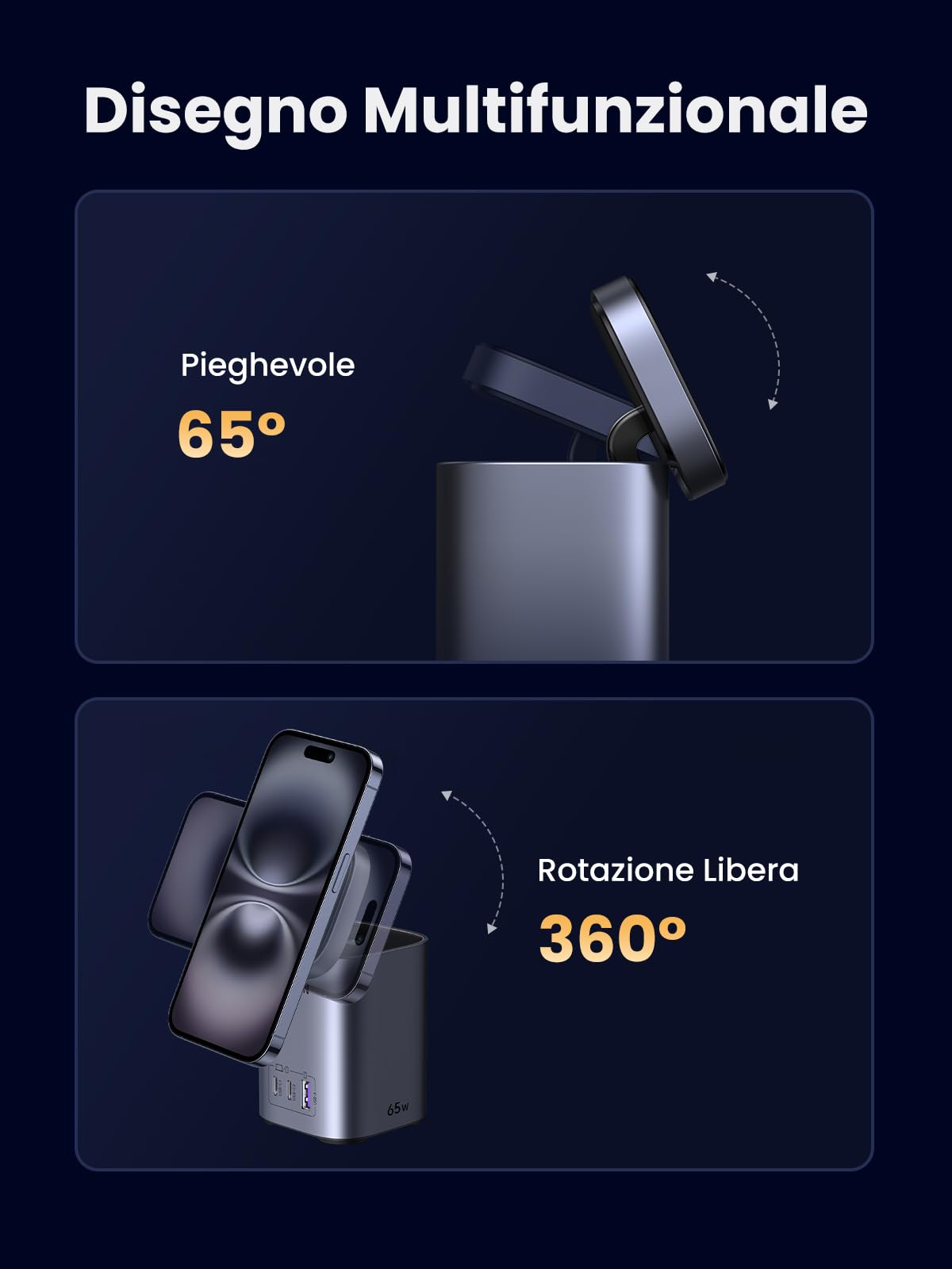 UGREEN Nexode 65W Caricatore USB C GaN Caricabatteria Wireless Qi2 15W Per iPhone Alimentazione da Tavolo Compatibile con MagSafe 17 16 15 14 13 Serie Galaxy S26 iPad MacBook Pro Air