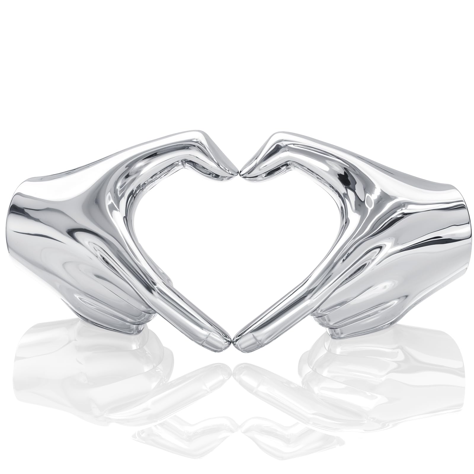 XMGZQ Escultura de manos de corazón plateado, regalos para parejas, decoración estética del hogar, boda para pareja, detalles cromados para decoración del hogar, artículos de decoración de soporte de