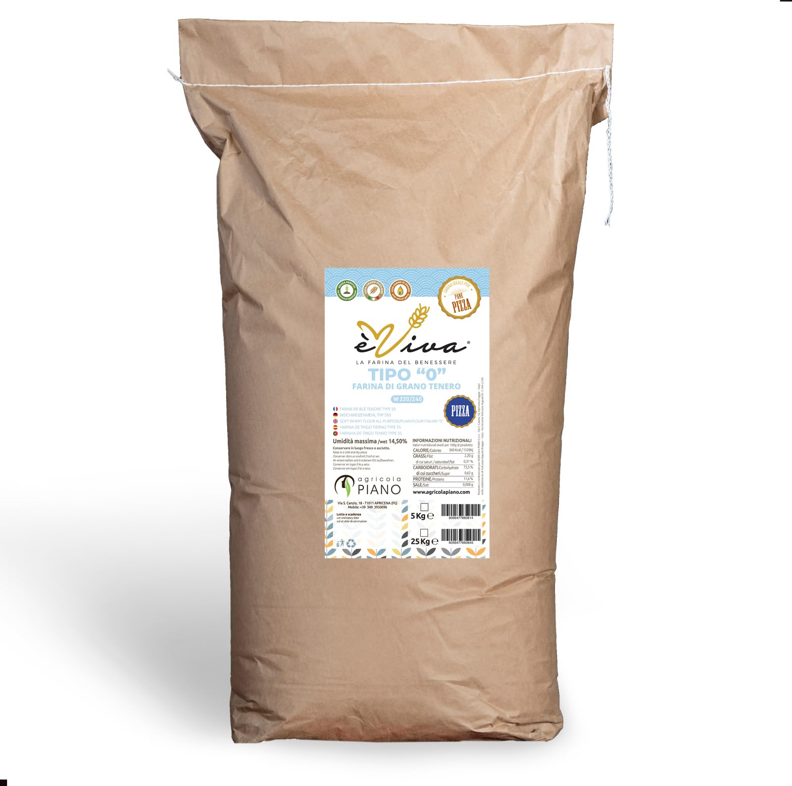 agricola PIANOVersatile 240 | All-Purpose/Plain Flour Italian Type '0' kg 25 - For Neapolitan Pizza – Natural Italian Flour - Additive-Free - with Live Wheat Germ - Also Ideal for Bread
