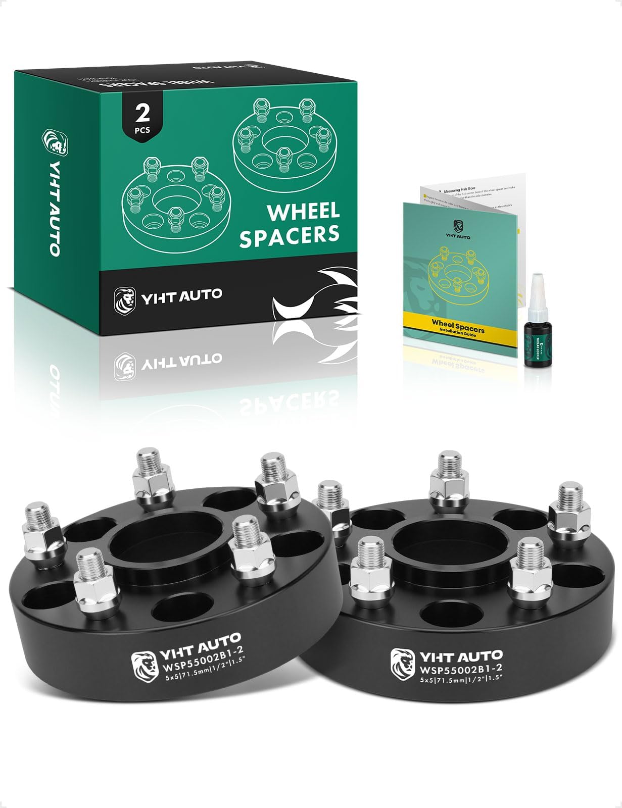 YHTAUTO 5x5 Hub Centric Wheel Spacers 1.5 Inch Fits 1999-2018 Jeep Grand Cherokee Wrangler Commander, 5x127mm Tire Spacers w/ 1/2"-20 & 12.9 Grade Studs, 71.5mm Hub Bore 5 Lug 2PCS Black