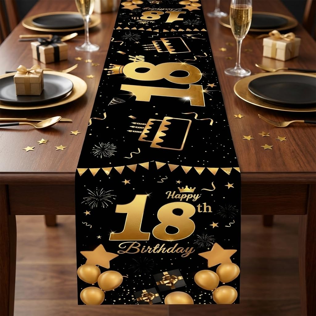 18th Birthday Table Runner - 70 Inch Large Black Gold Party Decorations with "Happy 18th Birthday" Text, Premium Polyester Birthdays Table Decor for Adult Celebration