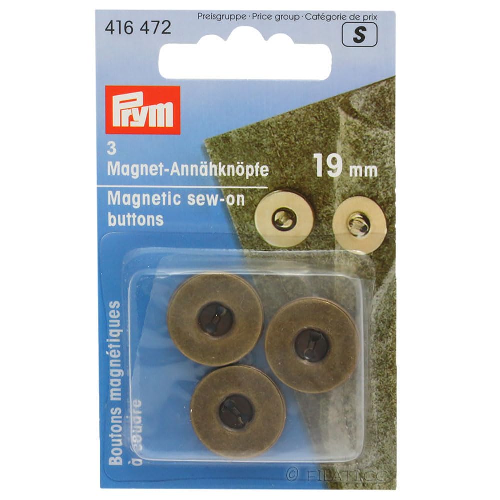 Prym Magnetic Sew-On Buttons, Metal, Silver, 19 mm, altmessing, 3 Stück