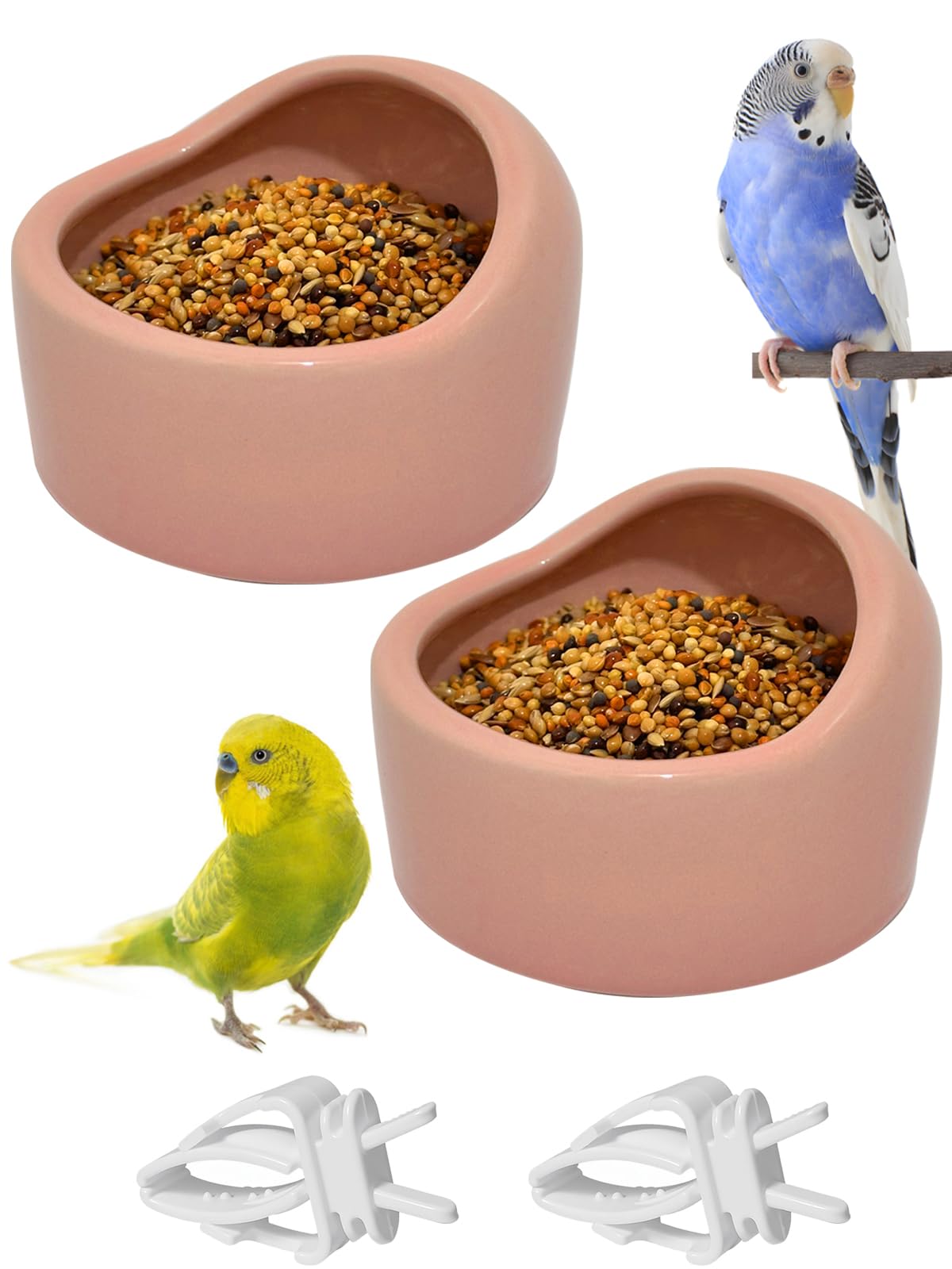 Niwaes 2 Pcs Bird Food Bowl Small Ceramic Bowls for Birds Parakeet Food Bowl Parrot Feeding Cups, Bird Cage Feeder with 2 Plastic Feeding Clips for