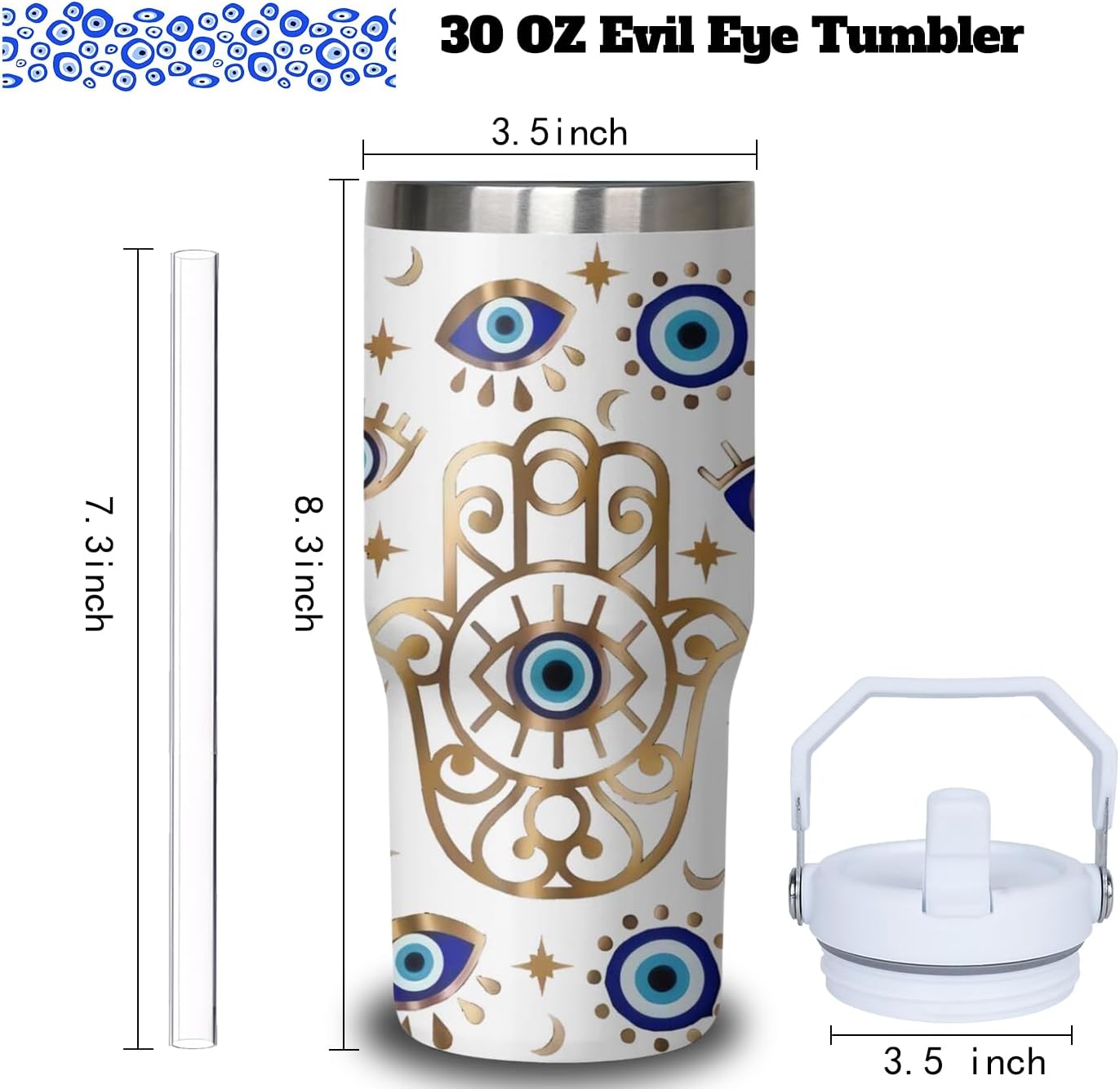30oz Evil Eye Tumbler with Handle and Flip Straw, Evil Eyes Hand Stainless Steel Insulated Cup, Travel Coffee Mug Water Bottle, Birthday Gifts for Women Men - Image 2