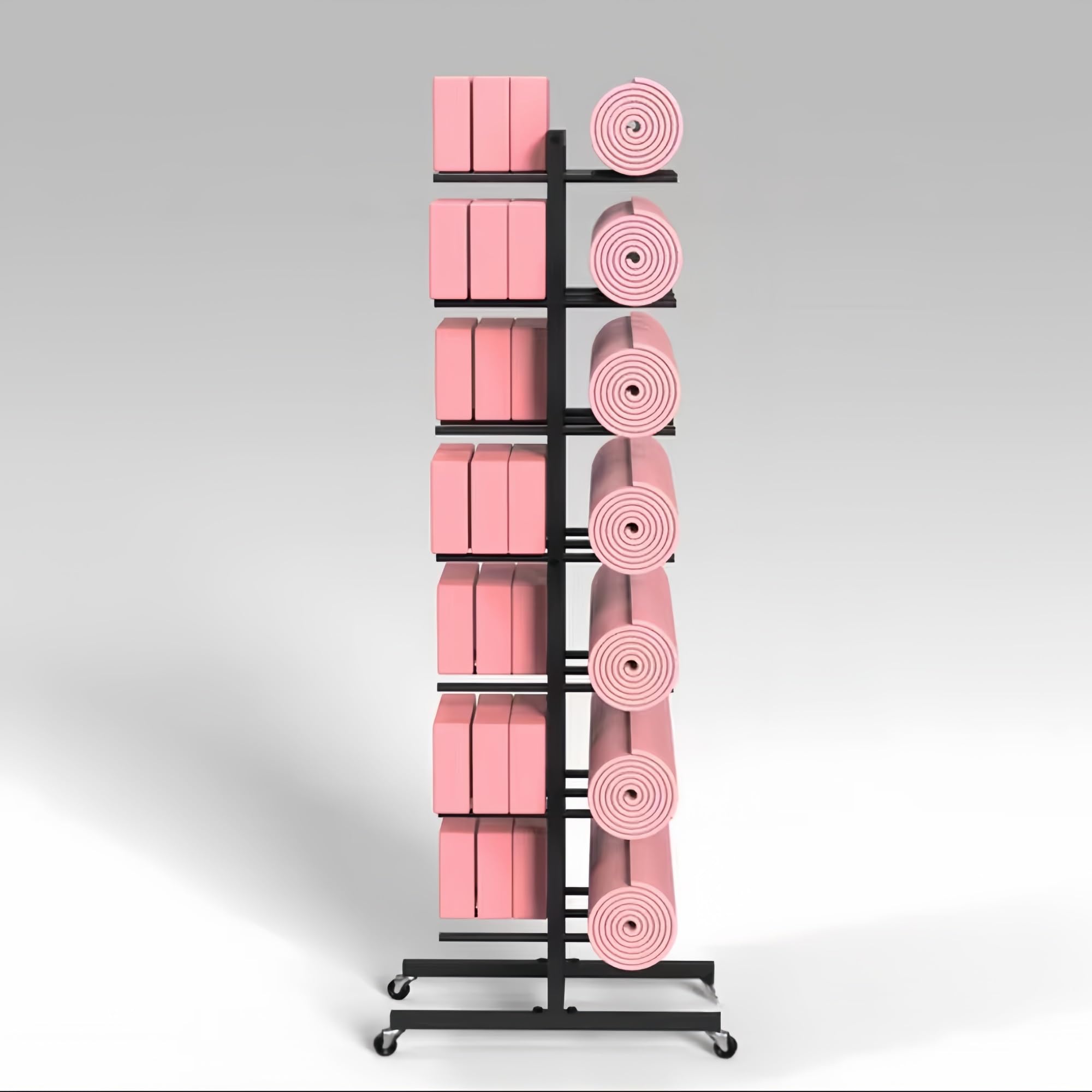 Estante de almacenamiento para esterilla de yoga con ruedas, organizador de gimnasio en casa para esterillas de yoga, rodillos de espuma, bandas de resistencia y mancuernas