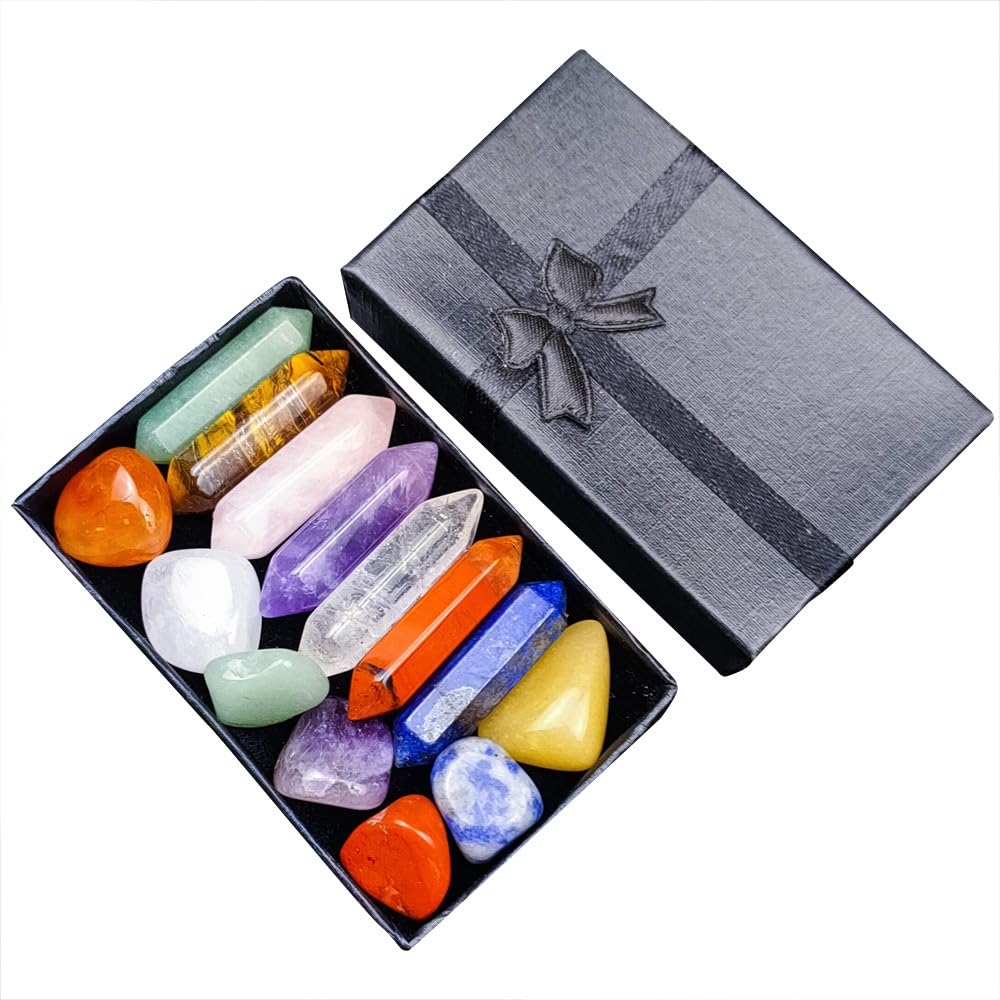 Premium Healing Crystals Kit in gift Box - 7 Chakra Set Tumbled Stones（Seven colored stone, hexagonal crystal）7 Chakra Stone Set Meditation Stone，Yoga Amulet With Gift Box
