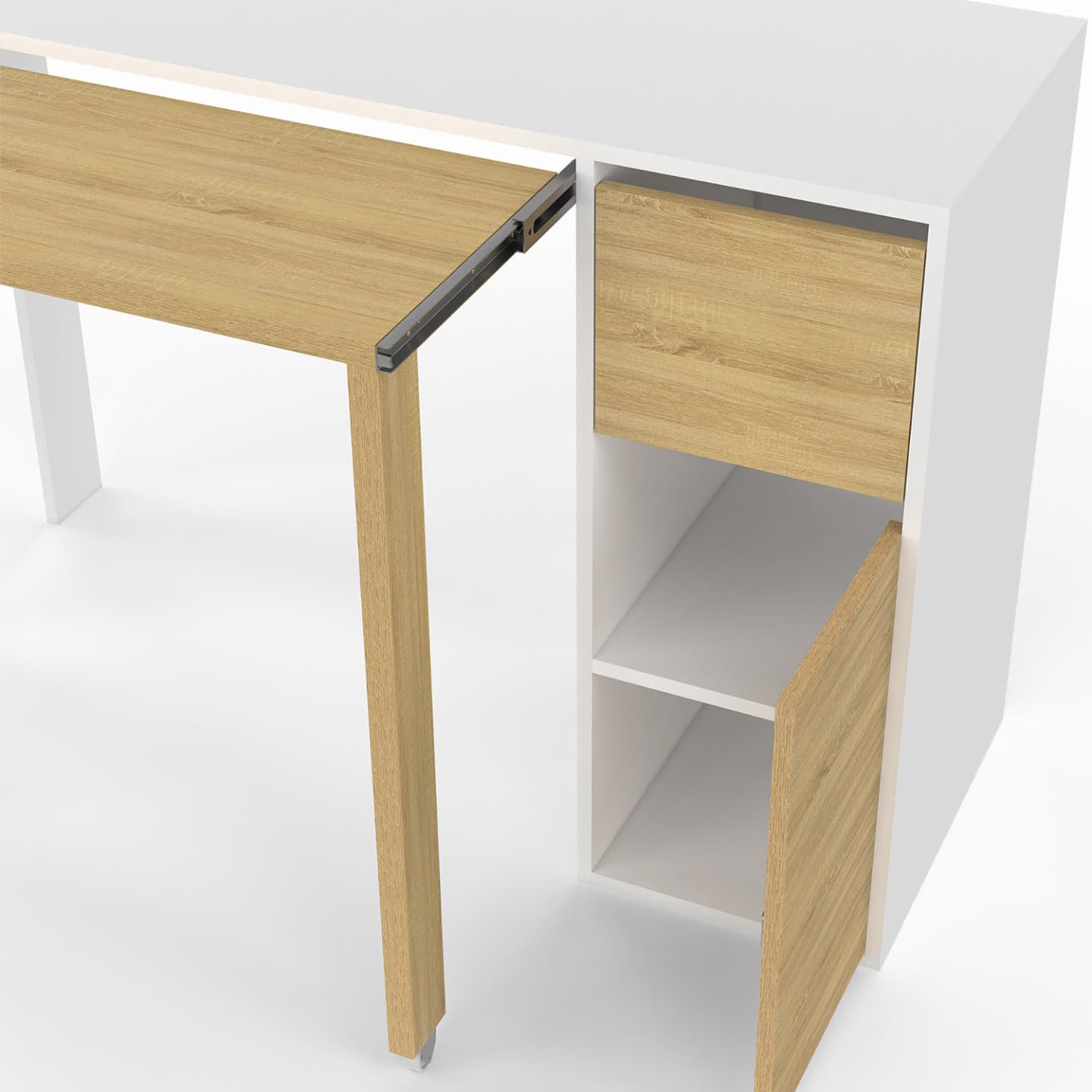 IDMarket - Bureau Extensible Ron avec Colonne de Rangement tiroir et Placard Blanc et Bois