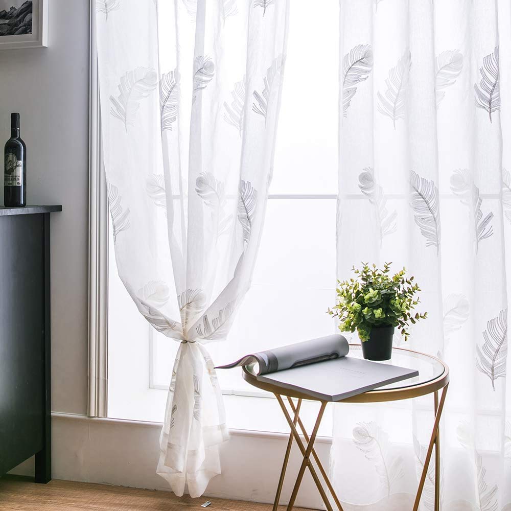 MIULEE Cortinas Visillo Bordado de Plumas Cortina Translucida para Dormitorio Visillos Modernos Transparentes para Ventana Salon Cuarto de Niño Cocina Habitación 2 Hojas 140x260cm Pluma Blanco