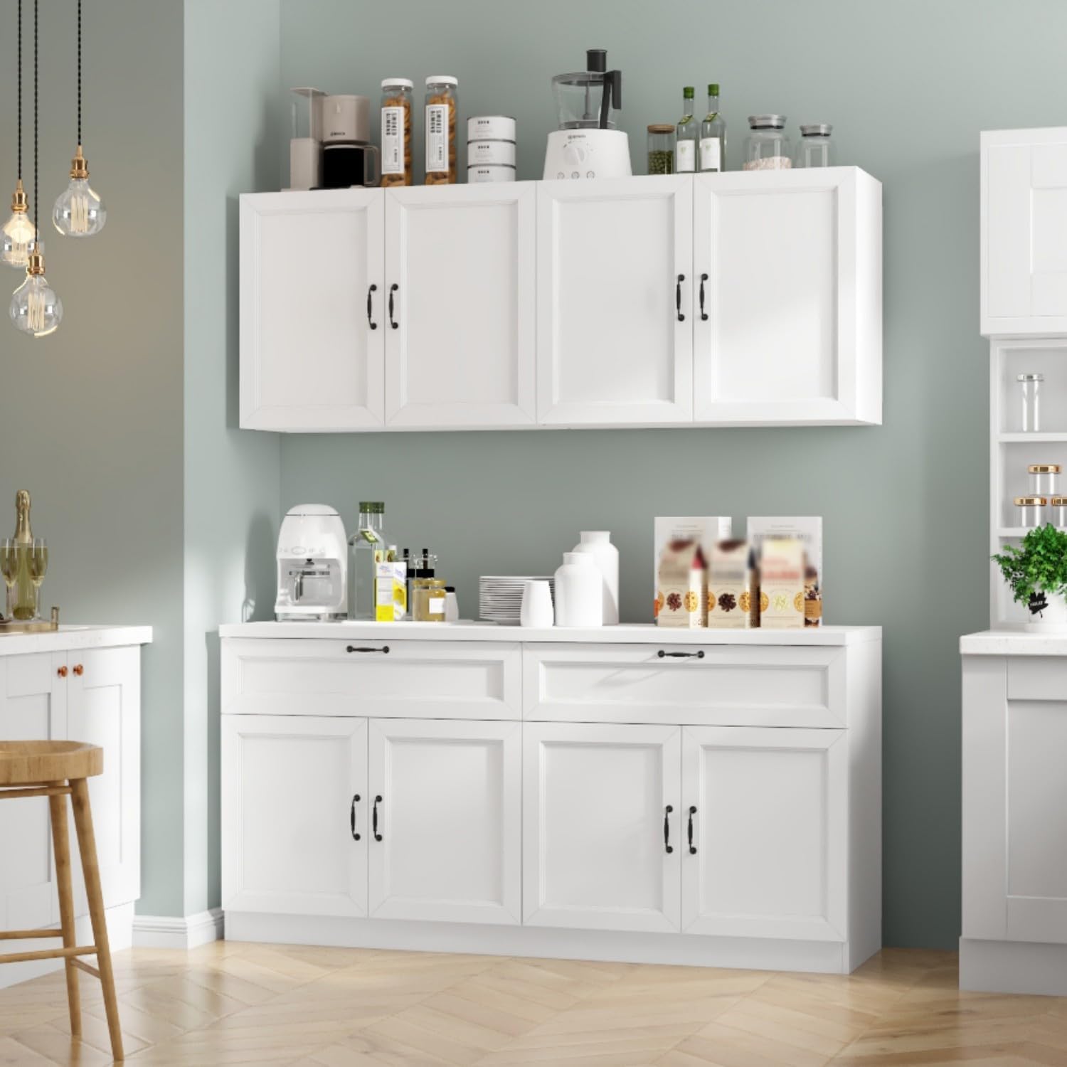 FAMAPY Wall-Mounted Kitchen Pantry Kitchen Storage Cabinet, Pantry Cabinet with Drawers & Doors, Black Handles, Wall Cabinet for Kitchen White