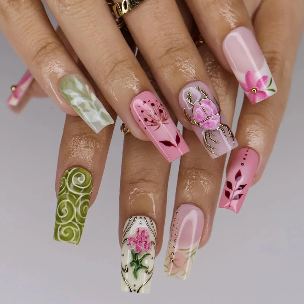 Handmade Pink & Olive Green Gel Press On Nails, 3D Gold Scarab Beetle & Vintage Florals, Reusable Medium Almond Fake Nails with Prep Kit, Spring Botanical Museum for Women, 10 Pcs