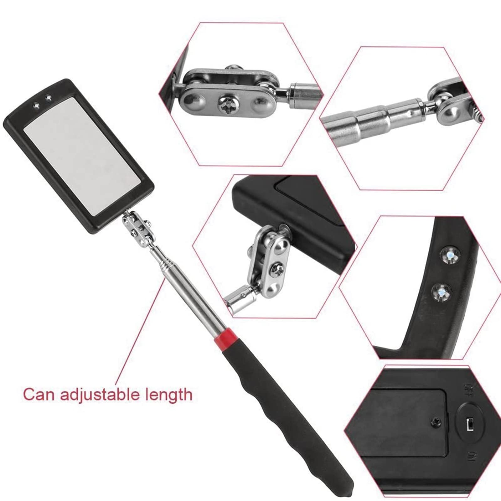 Espejo De Seguridad para Inspección De Bajos De Vehículos, Espejo De Inspección Plegable Portátil, con Luz Led, Poste Telescópico De Acero Inoxidable, Adecuado para