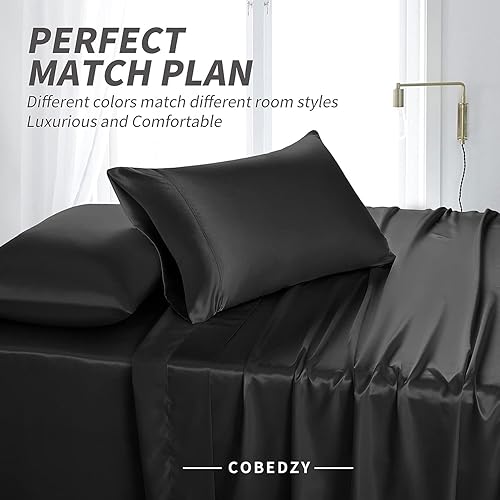 Miniatura 6 de juego de 3 sábanas de satén negro tamaño Twin XL, juego de sábanas de satén sedoso con 1 sábana bajera con bolsillo profundo, 1 sábana encimera, 1