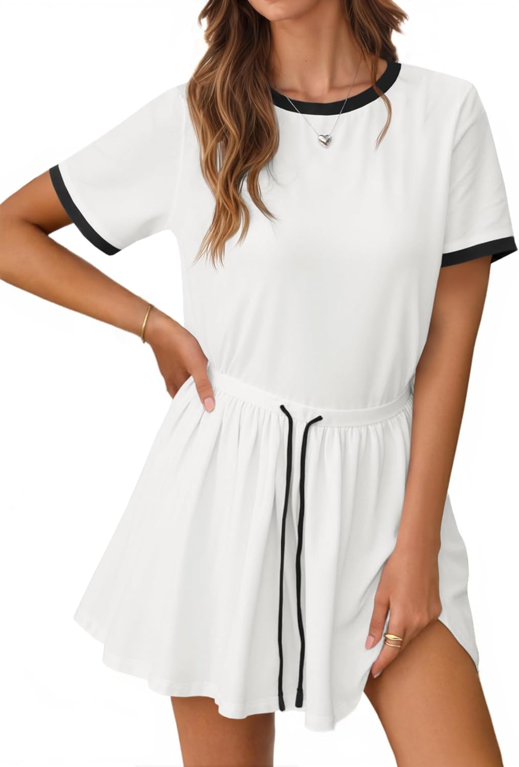 Fisoew Womens Casual Mini Dress Short Sleeve Crewneck Pleated Drawstring Loose Fit Summer T Shirt Dresses White