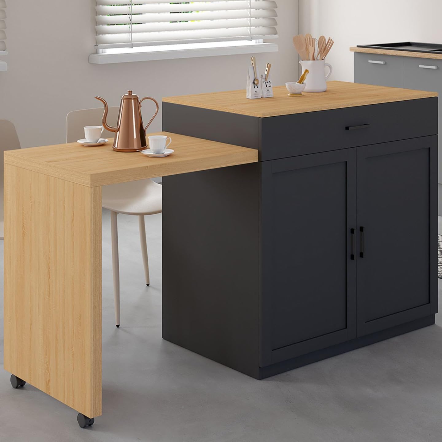 IDMarket - Ilot central VITO 94-155 cm bois noir avec table à manger extensible intégrée façon hêtre