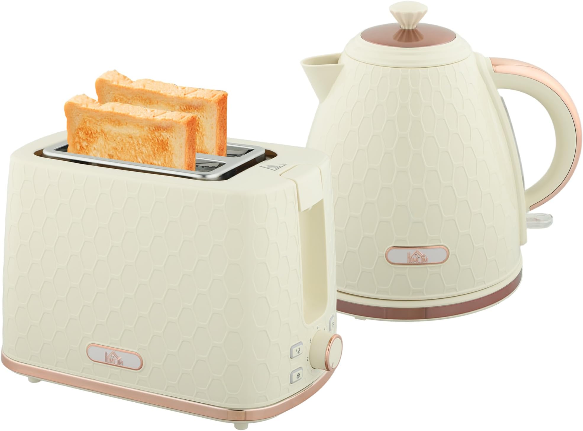 HOMCOM Kettle and Toaster Set, 1.7L 3000W Fast Boil Jug Kettle with Auto Shut Off, 2 Slice Toaster with 7 Level Browning Controls & Crumb Tray, UK Otter Thermostat, Beige