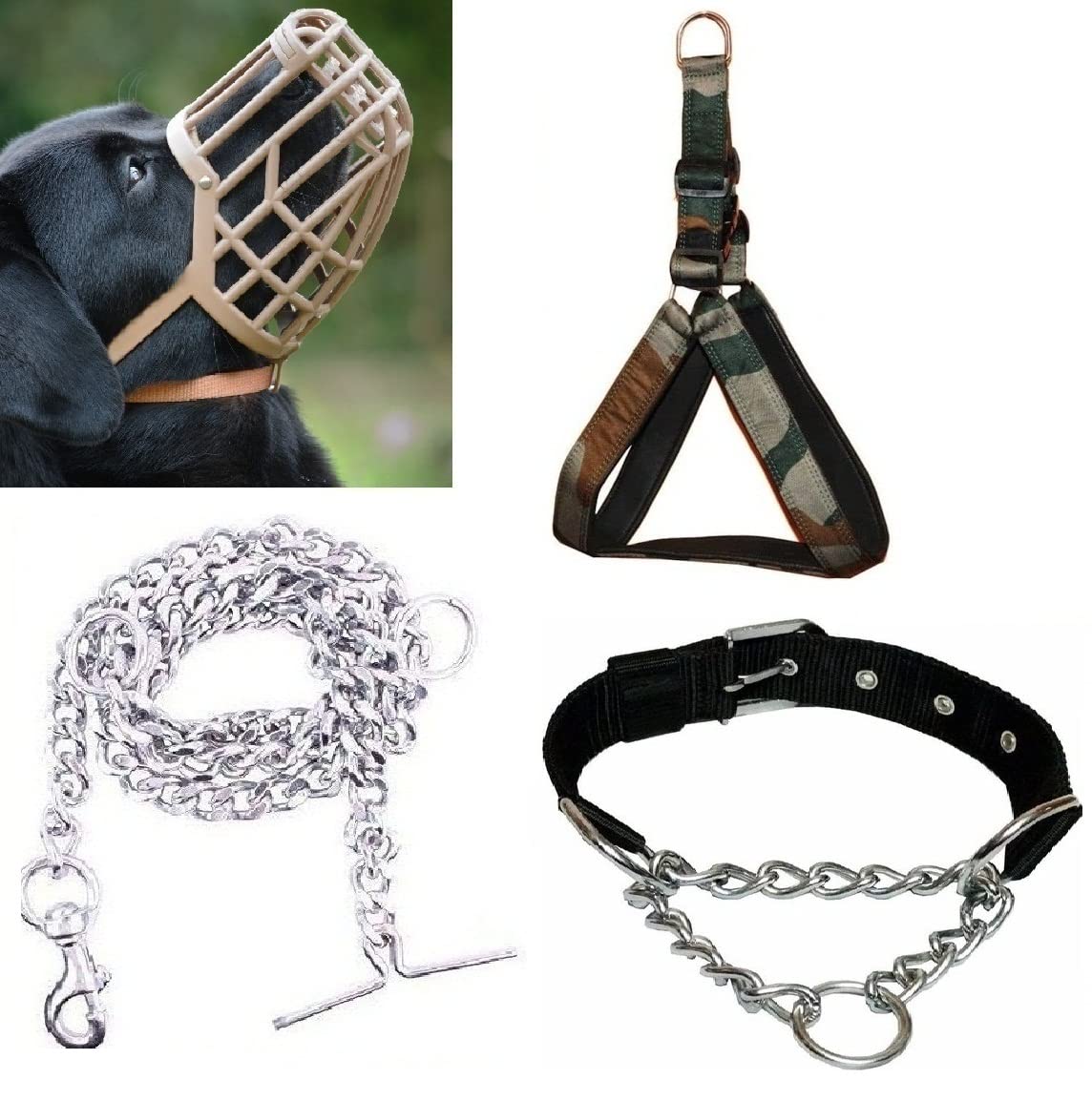 Hachiko Dog Muzzle Adjustable Proper Fetting for Dog Muzzle + Army Harness + Black Choke Collar + Steel Chain for All Large Breed Dogs.(Combo of 4) (Large) (B09JKWXW3R) Amazon Price History, Amazon Price Tracker