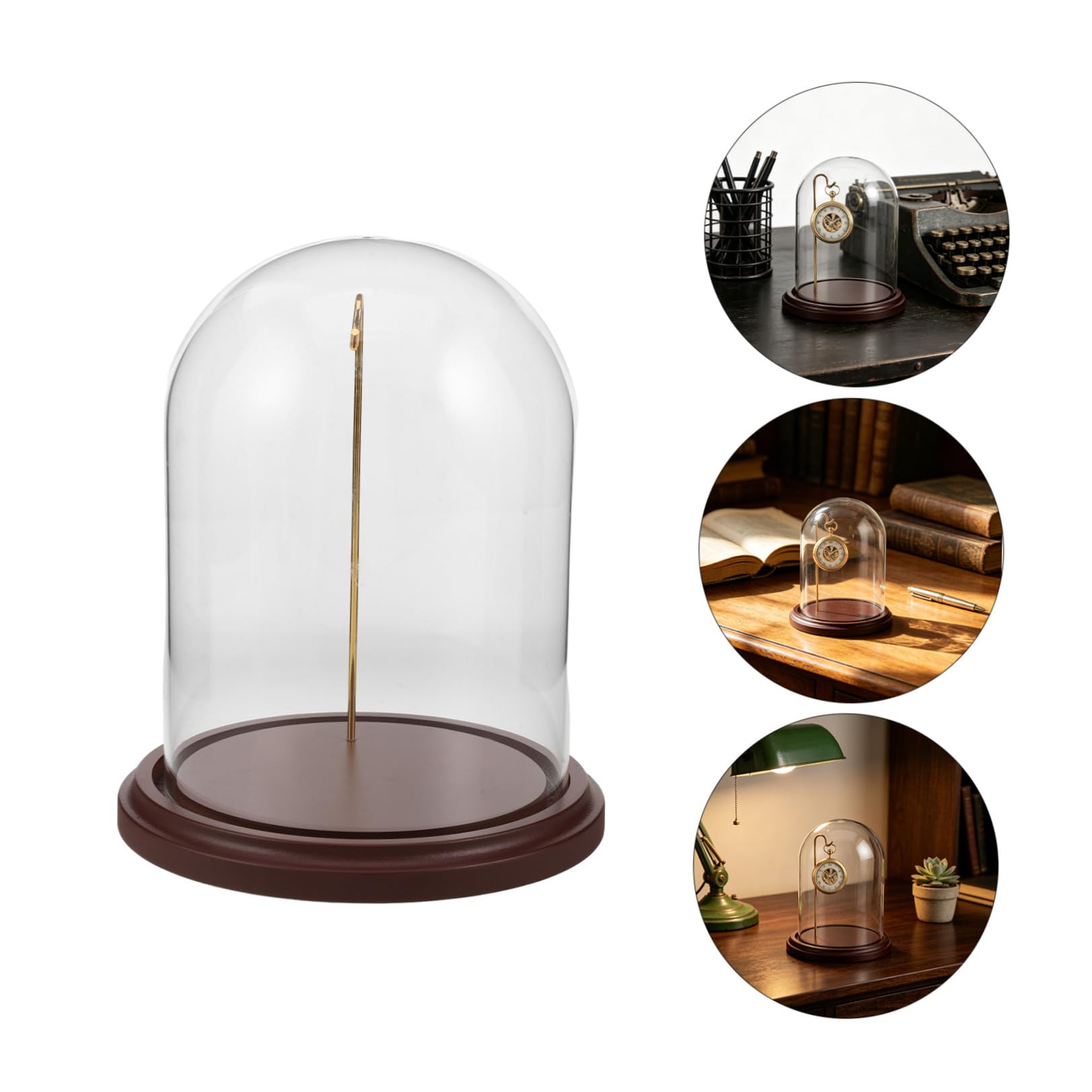 BESPORTBLE Taschenuhr Glaskuppel Vitrine mit Haken und Holzsockel 16x10 Cm