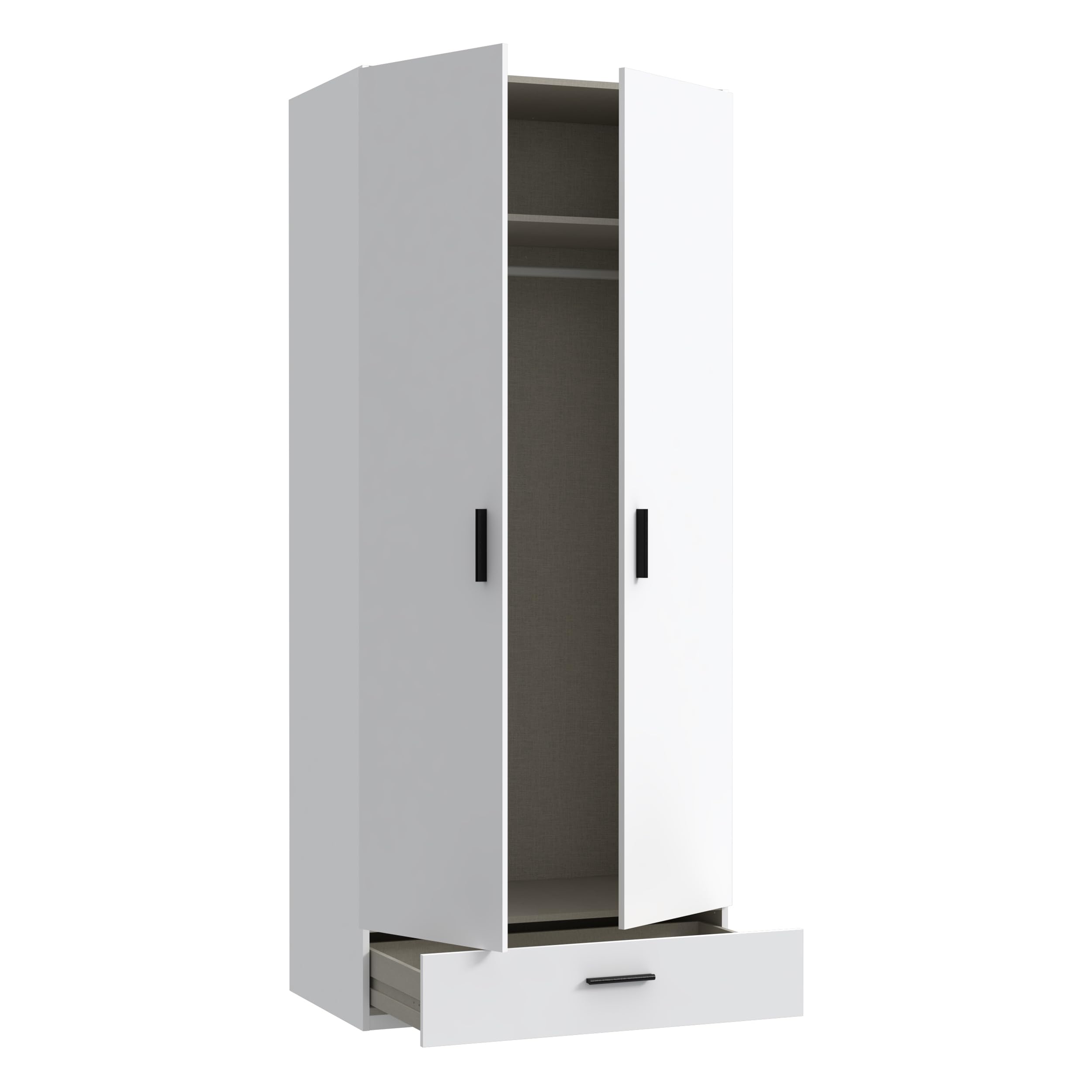 Forte TRAWEN Kleiderschrank 90, moderner Kleiderschrank, Flurschrank, Mehrzweckschrank, 2-türig, Schublade, Holzwerkstoff, Weiß, 88,9 cm breit x 210,5 cm hoch x 54,2 cm tief