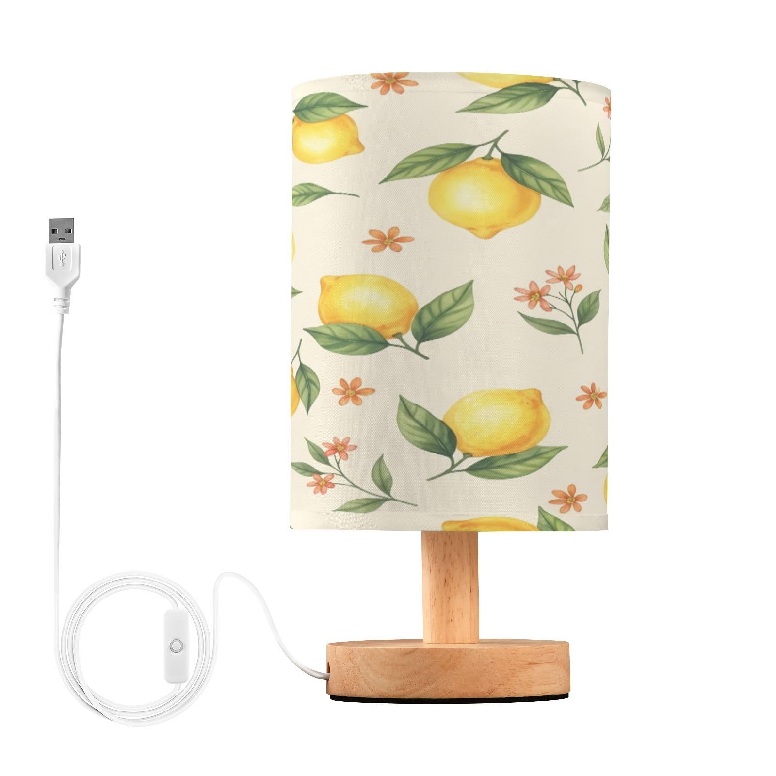 Cgiub Watercolor Lemon Bedside Table Lamp for Bedroom LED Nightstand Lamp with Wood Base & USB Port Linen Shade Desk Light for Nursery Decor