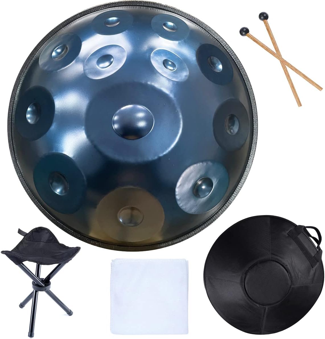 Sound Healing Handmade 22 inch Steel Handpan Drum 12notes D Minor Beginner Friendly with Accessories Black Gold Blue (Blue)