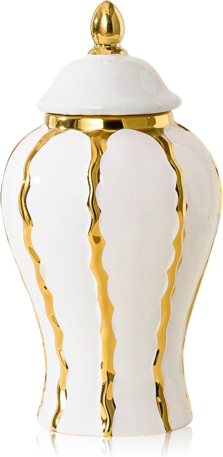 Ginger Jar, White and Gold Ginger Jar with Lid Ceramic Flower Vase for Home Decor, Storage jar, Table Center Vase Temple Jar, Decorative Centerpiece for Home, Living Room(12in