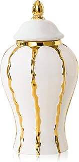 Ginger Jar, White and Gold Ginger Jar with Lid Ceramic Flower Vase for Home Decor, Storage jar, Table Center Vase Temple Jar, Decorative Centerpiece for Home, Living Room(12in