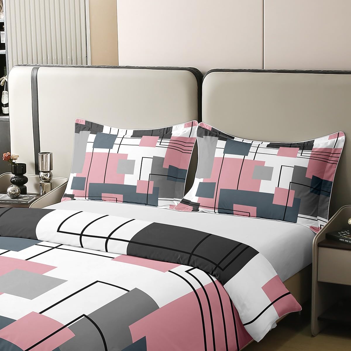 100% Cotton Black White Grey Pink King Bedding Set Geometric Square Comforter Cover for Kids Girls Teen Women Bluish Gray Grid Duvet Cover Modern Abstract Lines Quilt Cover 2 Pillow Cases - Image 4