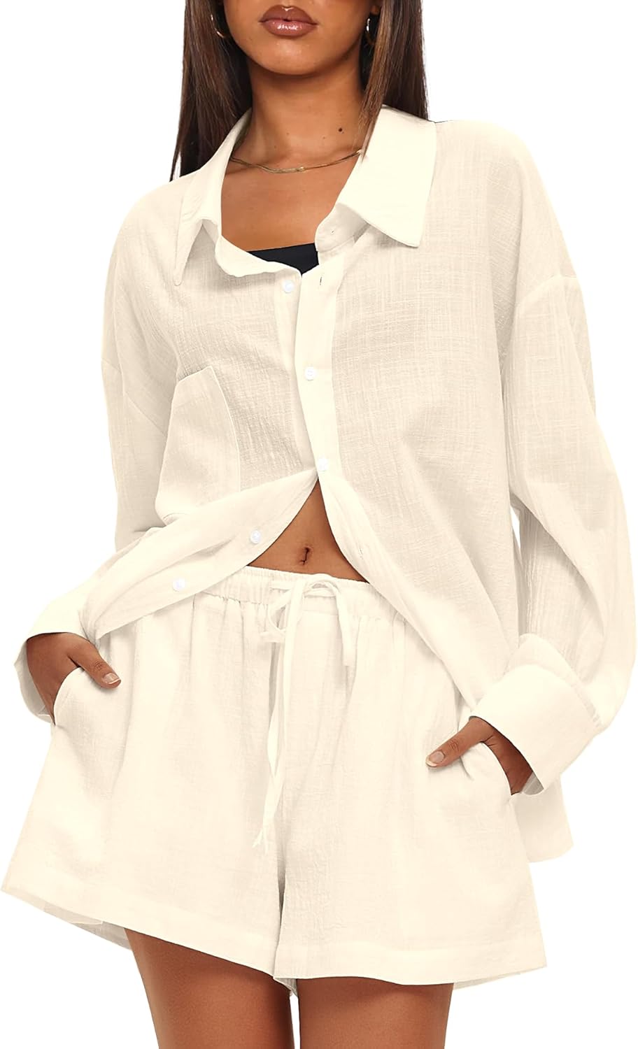 Darong Women's Summer 2 Piece Outfit Sets Long Sleeve Button Down Shirts Matching Short Sets Beach Vacation Lounge Set - Image 2