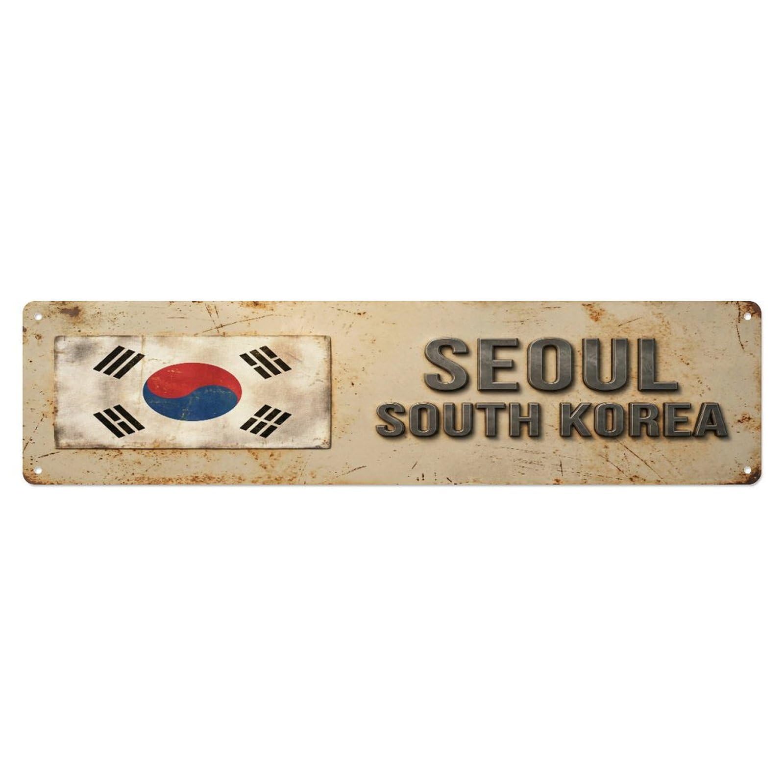 Okahys 4X16inch(10X40cm) Vintage Seoul South Korea Flag Decor Rustic Travel Metal Tin Sign