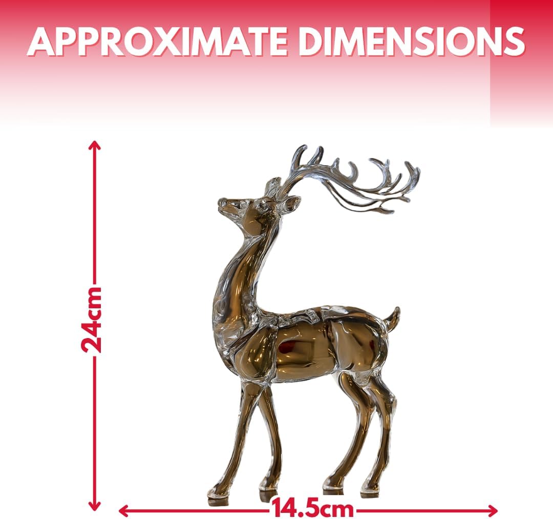 Marco Paul 24cm Standing Reindeer Christmas Ornament Clear Acrylic Stag Figurine Indoor Xmas Decoration Seasonal Holiday Home Décor Display