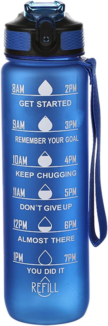 32 Oz Motivational Water Bottle with Time Marker, BPA Free, Leakproof, Wide Mouth, Fast Water Flow, Blue, Sports & Outdoors Travel Bottle