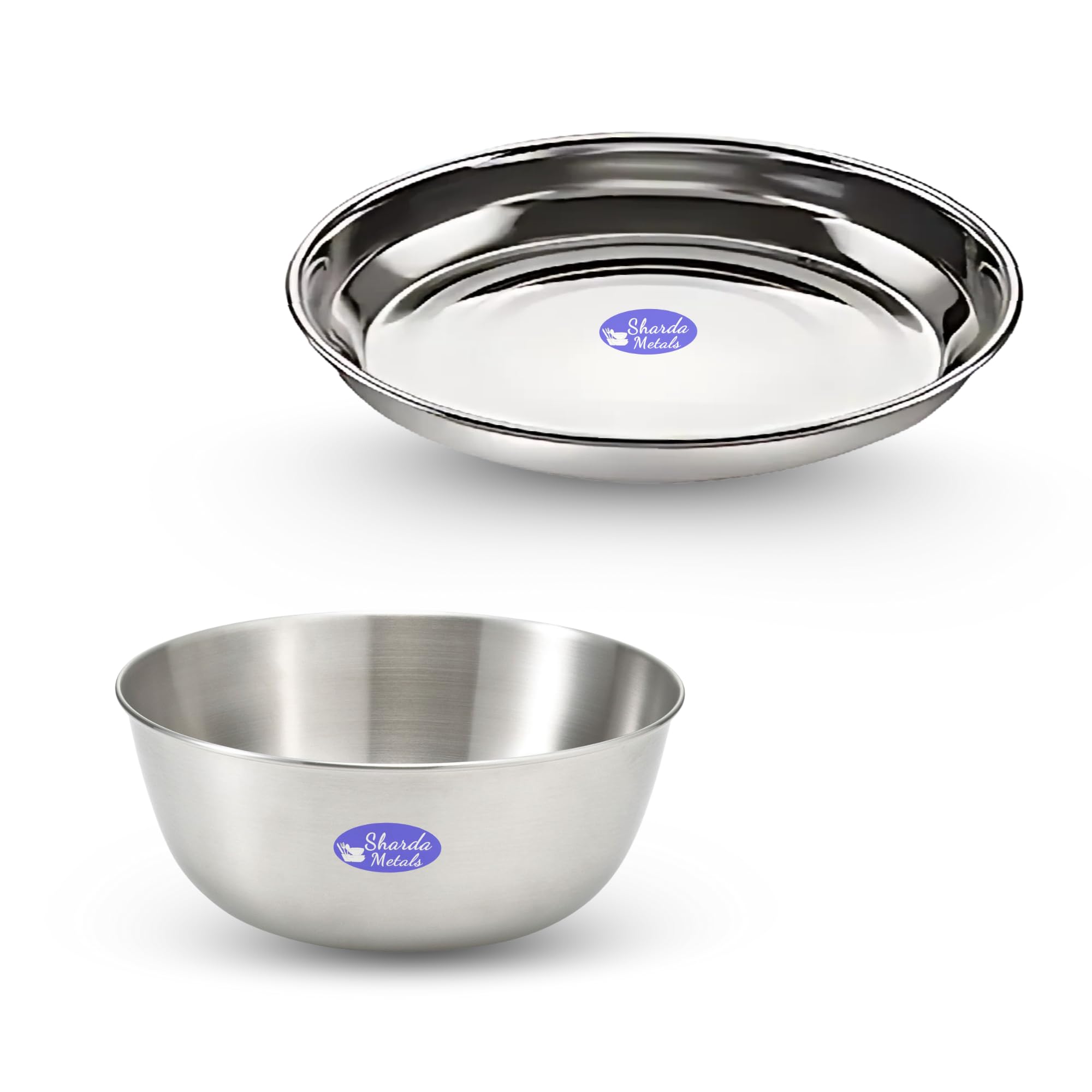 Sharda Metals Stainless Steel Set of 1 Bowls & 1 Plates Serving Set for Dessert, Curry, Soup, Side Dishes, Rice, Poha, Snacks & Breakfast Plate, Katori, Vati, Wati – 2 Pcs