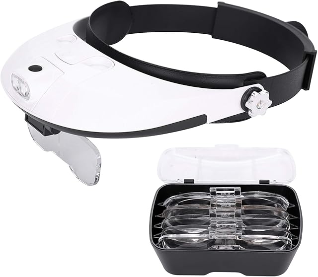 Head Mounted Magnifier Hands Free Magnifying Glass with LED Light Illuminated Magnifier Headband Magnifier for Reading, Watch Repair, Jewelry, 1X to 3.5X Zoom with 6 Detachable Lenses