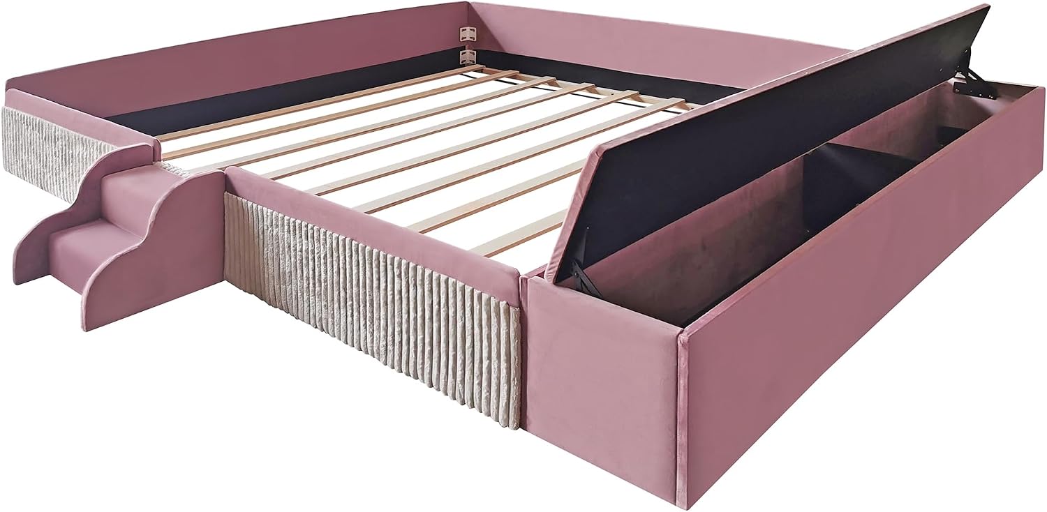 JIJIWANG King Size Upholstered Daybed with Stairs and Gas Lift Storage Ottoman, Velvet Floor Bed with Padded Guardrails for Boy, Girl, Kids Pink+White