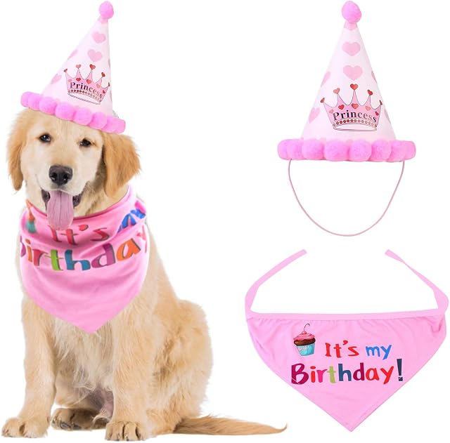 NATUCE Dog Happy Birthday Bandana Triangle Cotton Scarfs and Doggie Cute Birthday Party Hat for Girls Boys Dog Birthday Outfit Pet Birthday Gift Decorations Set (Pink)