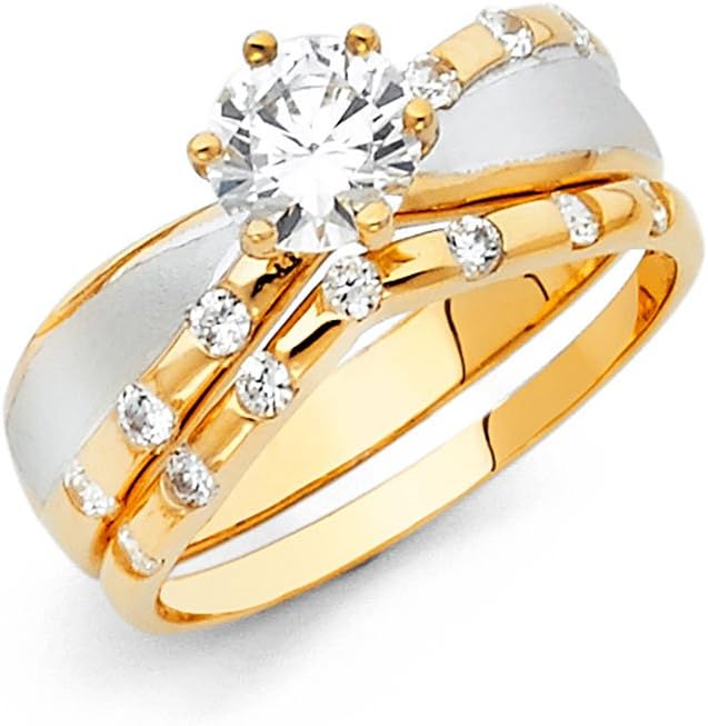 14k Two Tone Gold Engagement Ring and Wedding Band 2 Piece Set