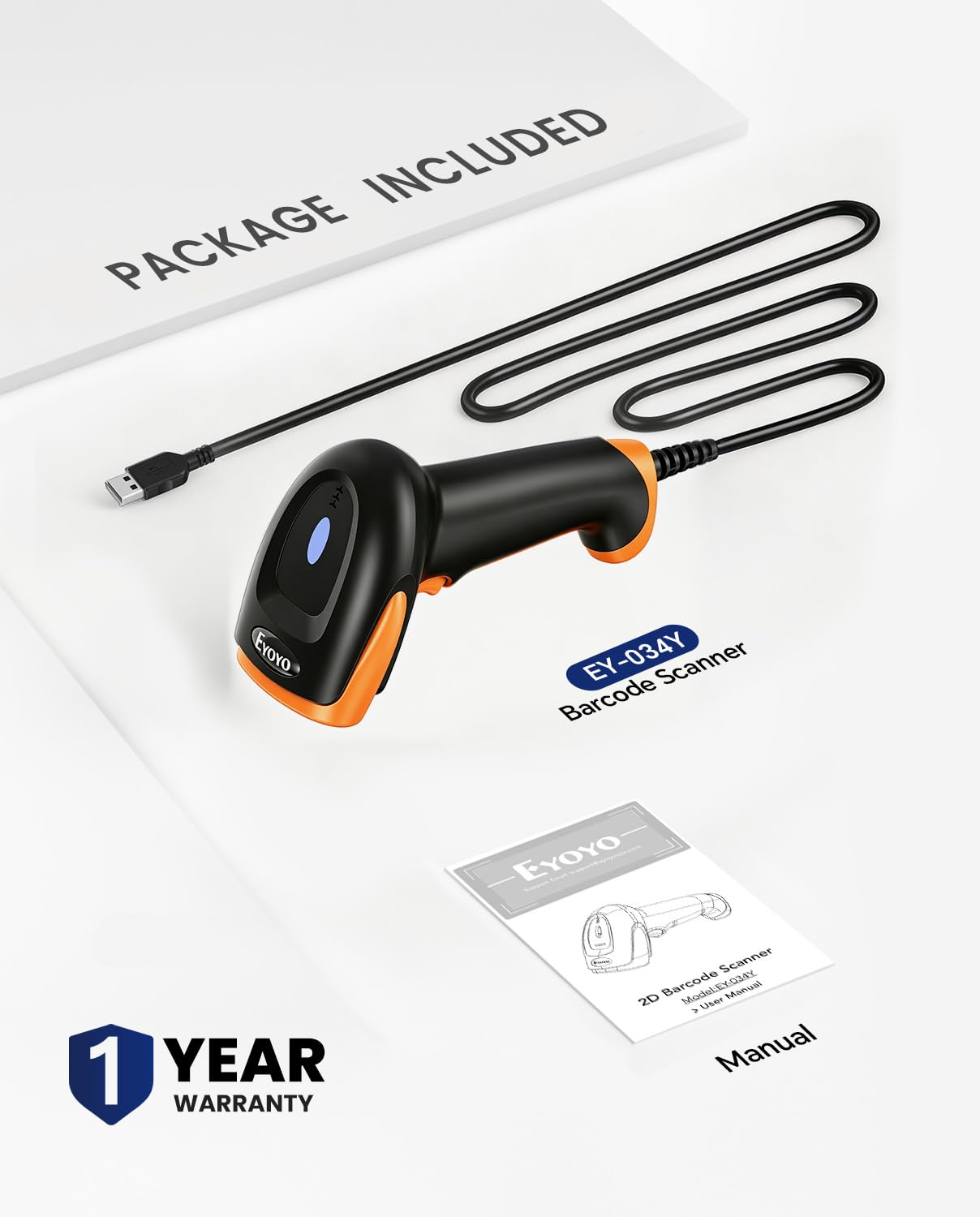 Eyoyo Barcode Scanner 1D 2D QR kabelgebunden, QR Code Scanner Handheld Barcode Leser für PC, Mac, Laptop (Orange)
