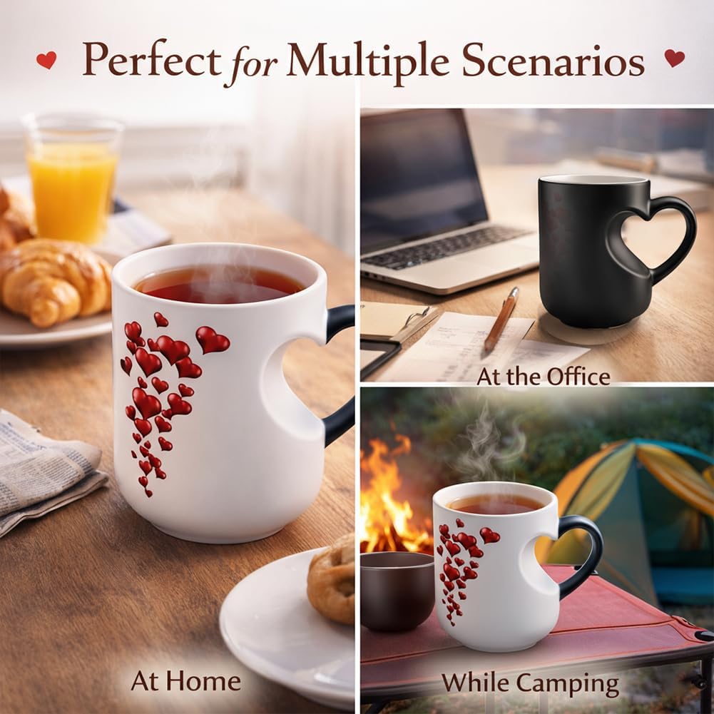 Heart Mug, Heart-Shaped Color Changing Magic Ceramic Mug Funny Color Changing Coffee Cup With Handle That Reveals Surprise Design When Filled With Hot Beverage Romantic Gift For Couples (Black) - Image 6