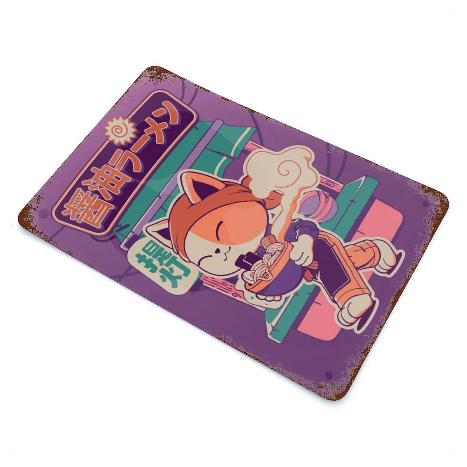 Neko Eating Ramen 11.8"x7.9" Vintage Metal Tin Sign, Novelty Wall Decor for Basement, Hobby Room And Garage Decor