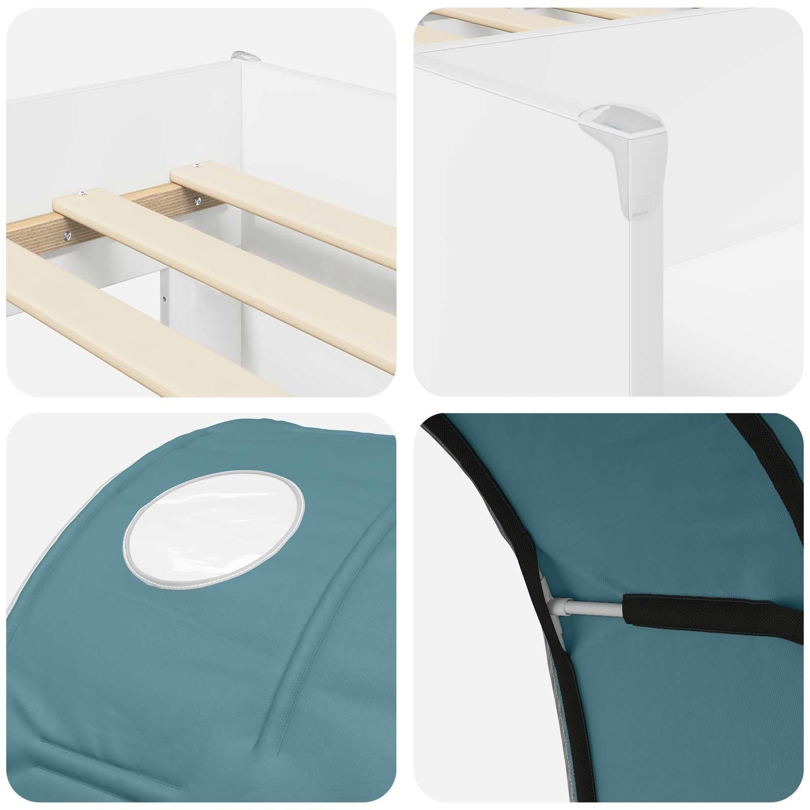 Estructura de cama de 100 x 200 cm con túnel, marco de cama de madera moderna para habitación juvenil y habitación de invitados, juego de 3 piezas, color blanco y azul claro