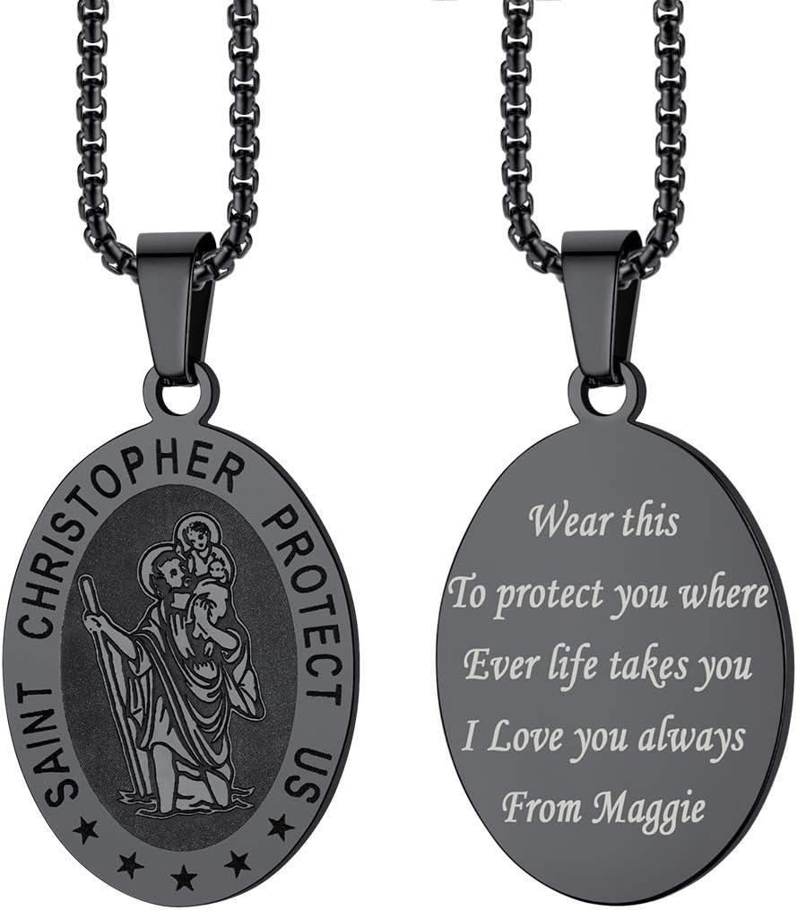ChainsPro Can Engrave, St. Christopher Medal Necklace for Men, with Chain-22+2", Stainless Steel/Gold Plated/Black (Send Gift Box)
