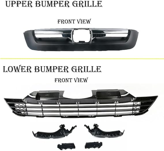 Chrome Front Bumper Upper & Lower Grille Assembly Glossy Black ABS Plastic Mesh Style Middle Grill Compatible With 2007-2009 Honda CR-V CRV Grill Replacement(2007-2009)