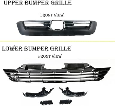 Chrome Front Bumper Upper & Lower Grille Assembly Glossy Black ABS Plastic Mesh Style Middle Grill Compatible With 2007-2009 Honda CR-V CRV Grill Replacement(2007-2009)
