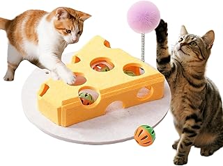 Cat Toys for Indoor Cats, Felt Cat Puzzle Toy Box with Suction Cup Base Jingle Balls Spring Wand for Self Play Hunting Enrichment (Yellow)