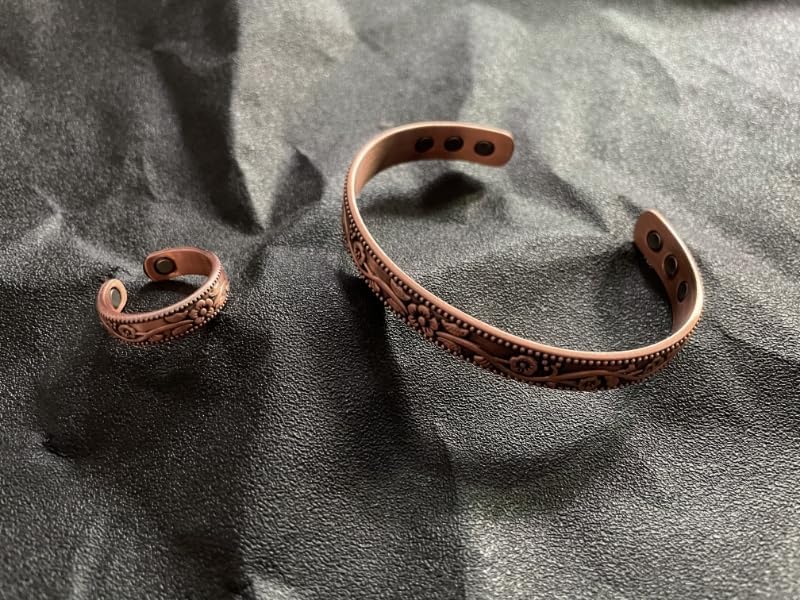 Miniatura 7 de Pulsera y anillo de cobre de flor vintage, 99.9% cobre puro 3500 Gauss imanes fuertes