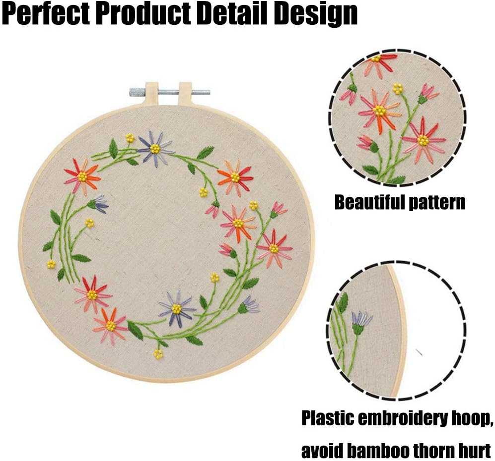 Embroidery Starter Kit with Pattern, Cross Stitch Kit Include Stamped Embroidery Clothes with Floral Pattern, Plastic Embroidery Hoops, Color Threads and Tools Needlepoint Kits (Flower Hoop)