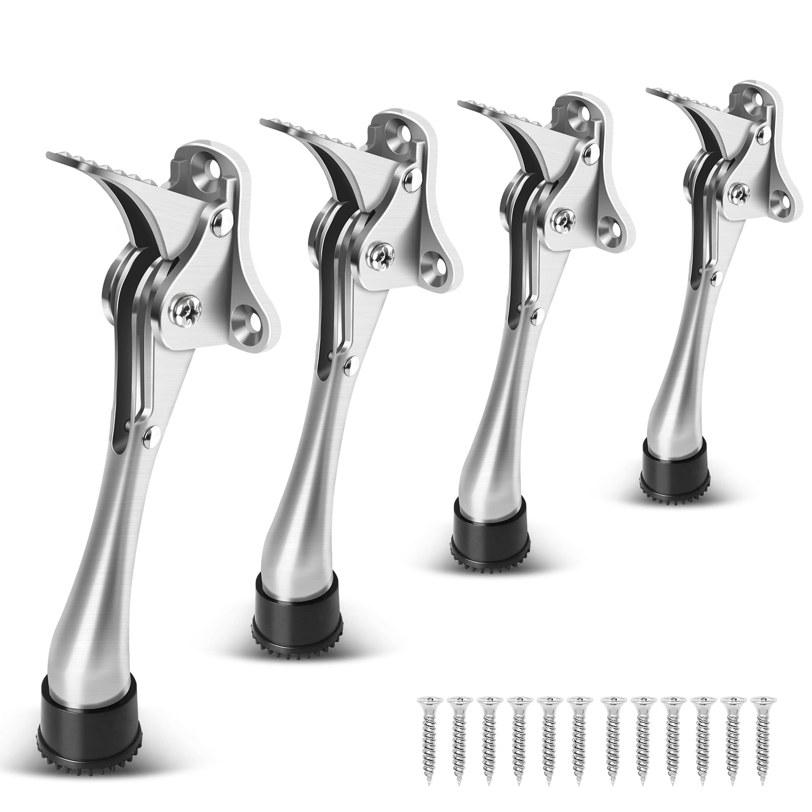 4 Pack Kickdown Door Stoppers 6 Inch Heavy Duty Indoor Door Stops One Touch Doorstop with Non-Slip Rubber Tip, Brushed Nickel