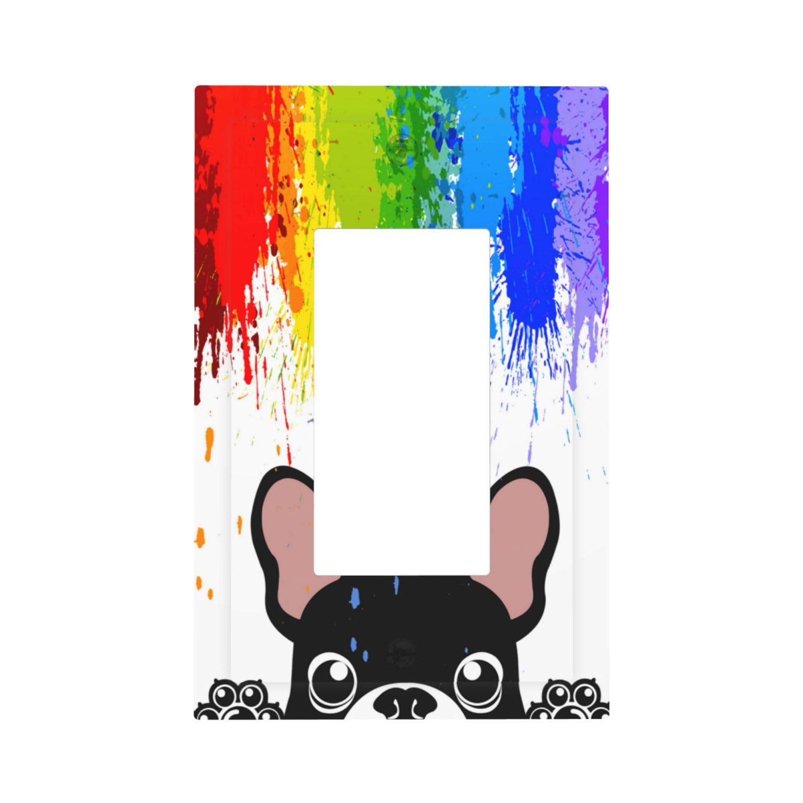 Novelty Funny Pastel Colors Rainbow and Dogs Single Rocker Decora Light Switch Cover Decorative Wall Plate 1 Gang Outlet Cover Cute Black Puppy Gfci Electrical Switchplate Dimmer Faceplate for Nursery