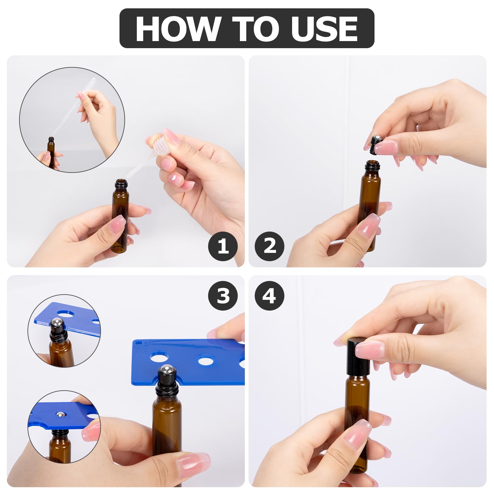 Carehabi Lot de 12 Flacon à Bille Verre pour Huile Essentielle, 10ml Flacons Roll on vides Rechargeable Marron Transparent Bouteille avec pipette pour Huiles Parfumé, Cosmétique, Massage