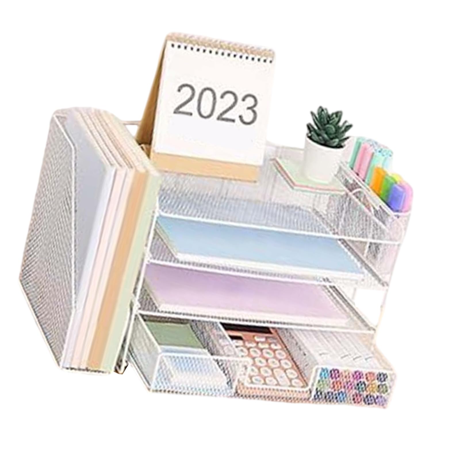 Desk Organizers 4-Tiered File Letter Tray Document Organizers with Magazine Stand Drawer & 2 Pen Cups for Paper Letter Tray